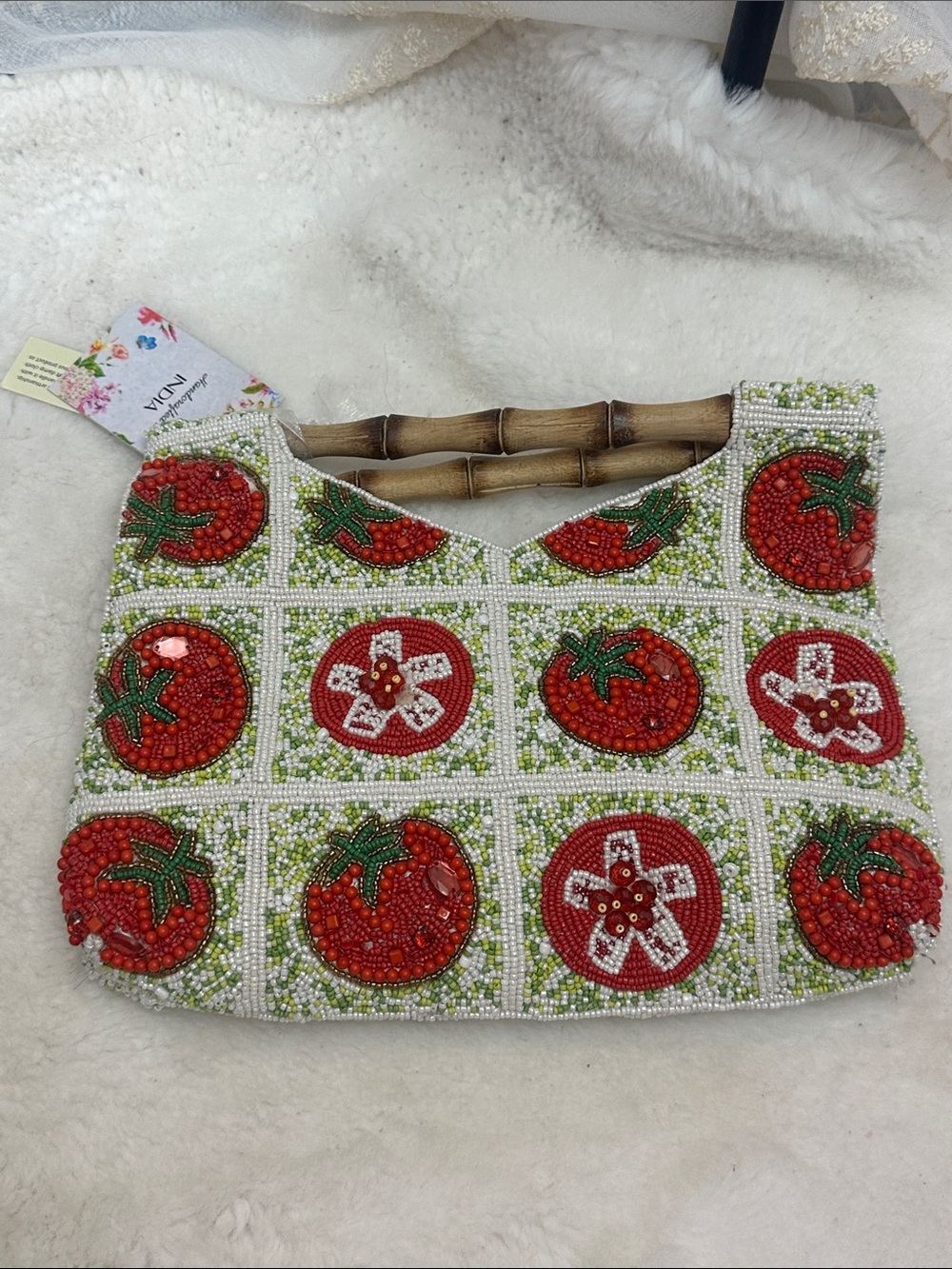 Made in India beaded green red tomato 🍅 wooden handle bag